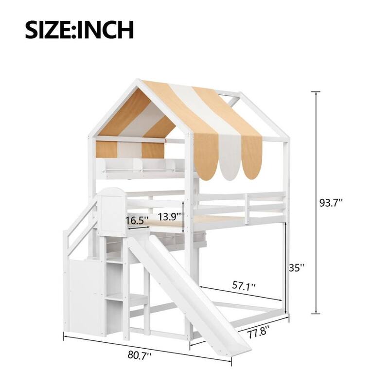 Fairytale Full Size House-shaped Loft Bed with Striped Fabric Canopy, Fun Slide Design and Built-in Bookshelves