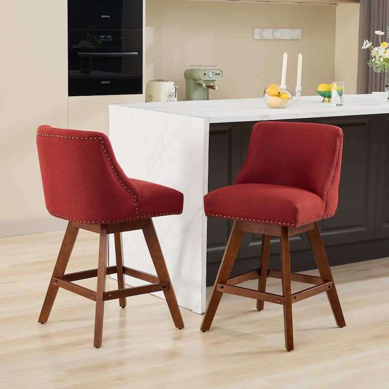 Counter Height Bar Stools Set of 2, Swivel Bar Stools with Curved Back, Upholstered Dining Chairs with Solid Wood Legs - WINE RED