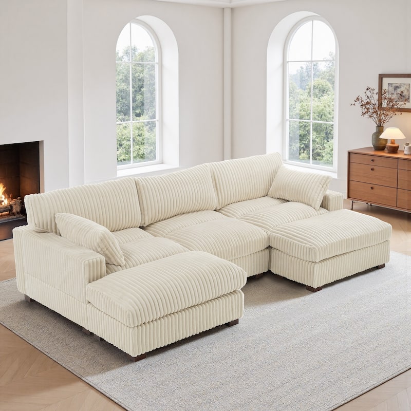 Modern Oversized Plush Corduroy Modular Sectional Sofa with 2 Ottomans