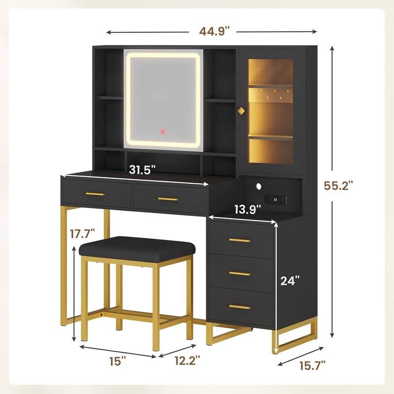 Makeup Vanity with Stool Charging Station Jewelry Storage RGB Lights 5 Drawers Shelves