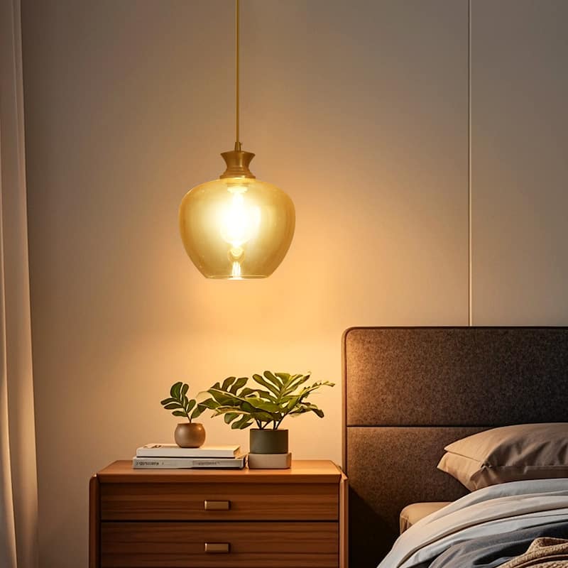1 - Light Modern Gold Single Pendant with a Amber Glass Shade - Brass - N/A