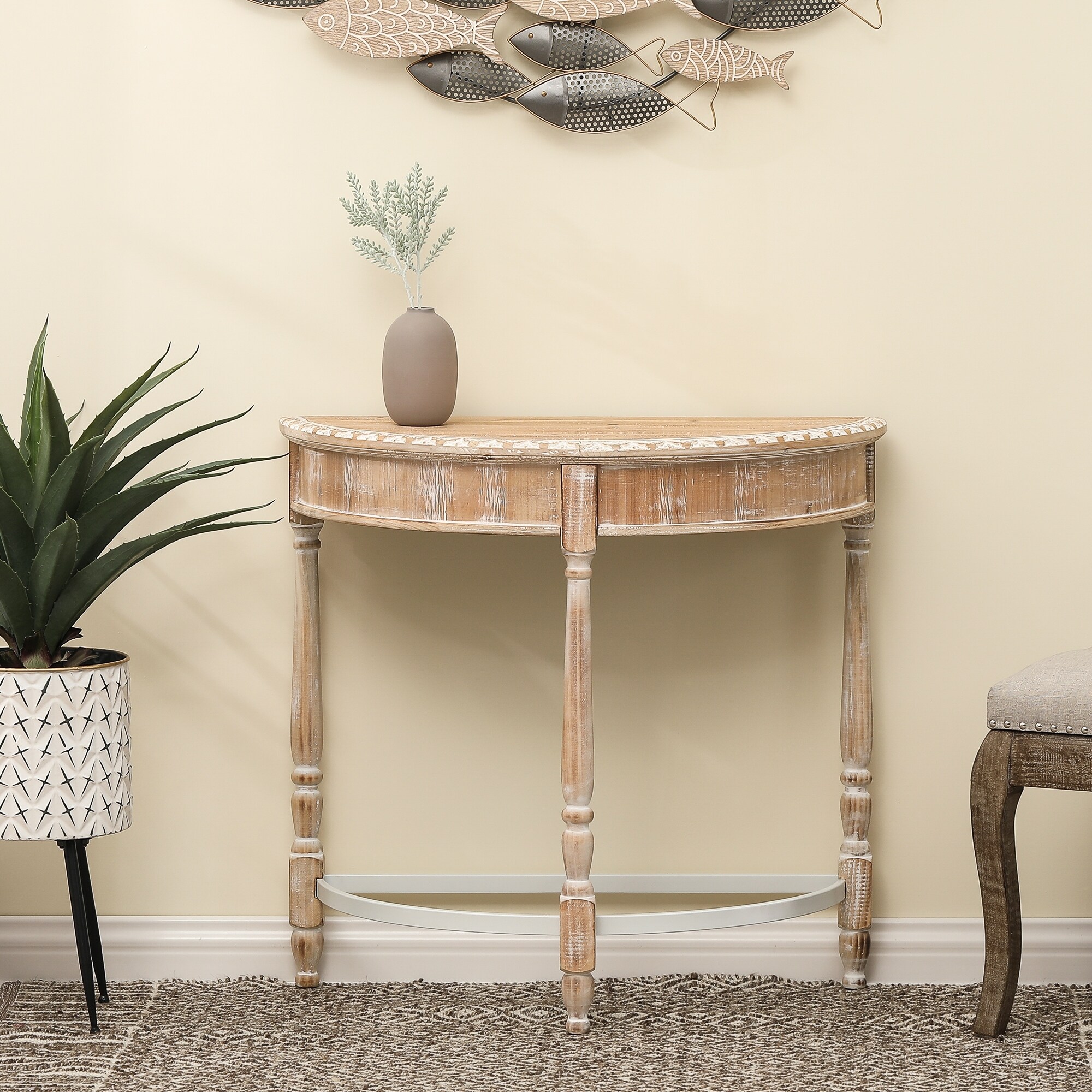 Natural and White Washed Wood Half Moon Console Table