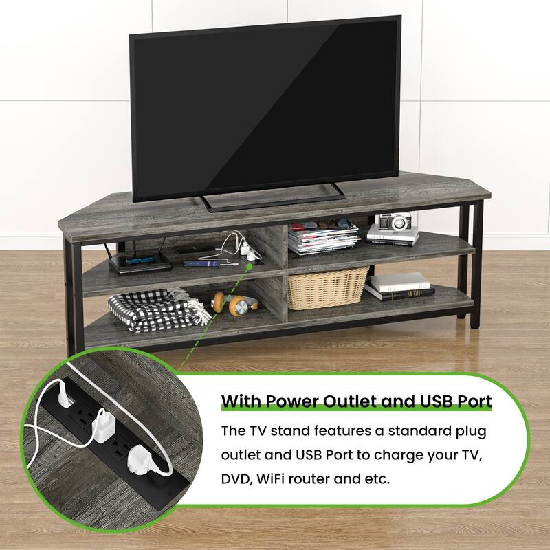 Farmhouse Wood Corner TV Stand with Power Outlet, Space Saving Entertainment Center Media TV Console Table