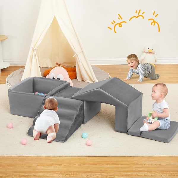 slide 2 of 14, Foam Climbing Blocks and Ball Pit, 6PCs Toddler Climb and Crawl Activity Playset Indoor Grey