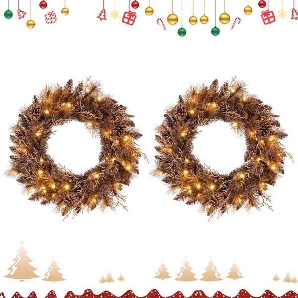 slide 2 of 10, Gymax Set of 2 24'' Pre-lit Christmas Wreath Front Door Artificial Brown
