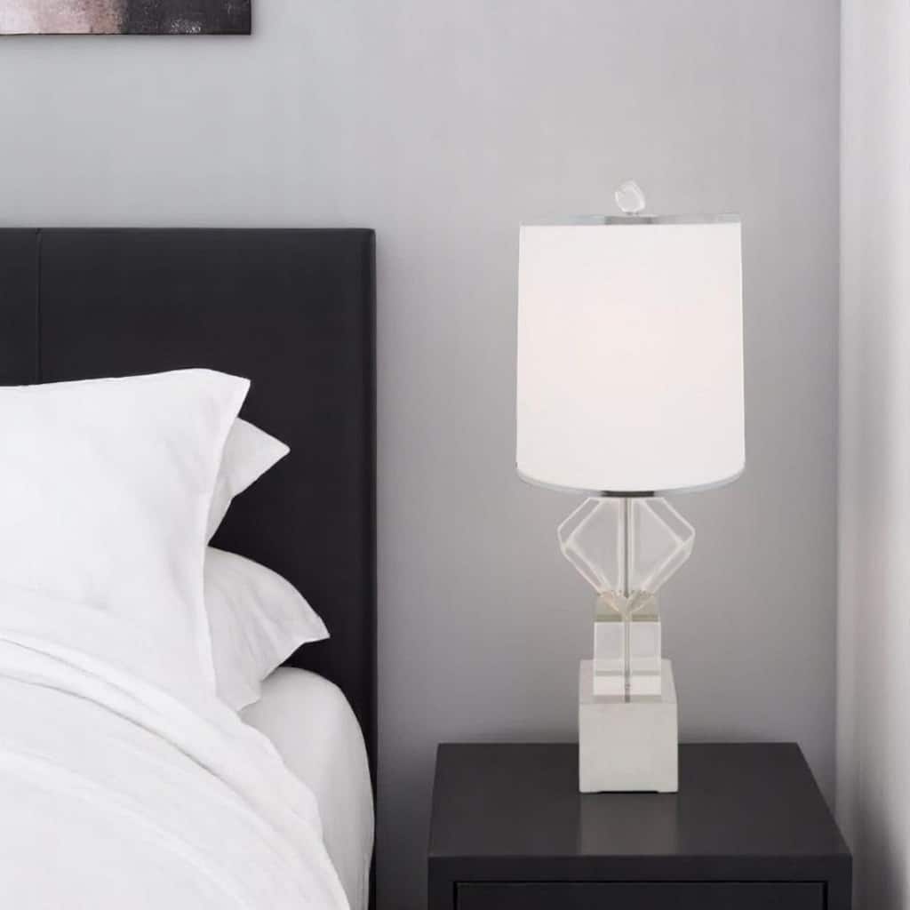 HomeRoots 31" Clear And Silver Faux Crystal Geometric Table Lamp LED With White Drum Shade - 12' X '31' X '12