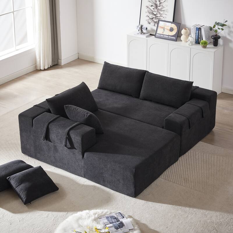 Chenille Upholstered Sleeper Sofa Bed L-shaped Sectional Sofa Free Combination Couch Set with Loveseat and Single Chaise Lounge