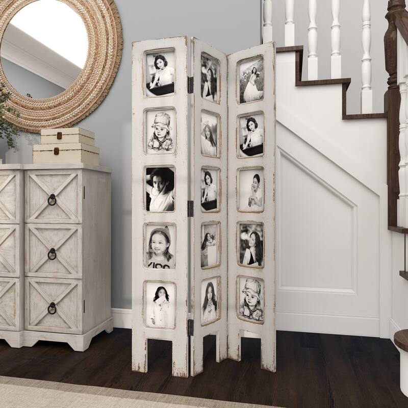White Wooden Hinged Foldable Partition 3 Panel Partition Room Divider Screen with 15 Photo Slots
