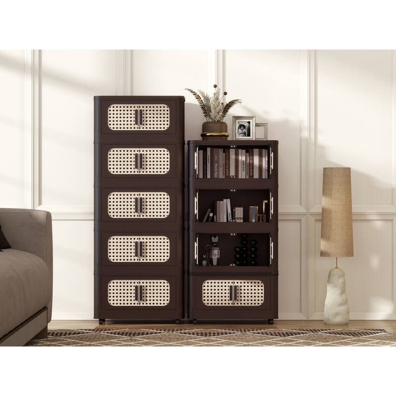 Anmytek Retro Brown 5 Tier Collapsible Plastic Storage Cabinet with Wheels Magnetic Door 20" Wide