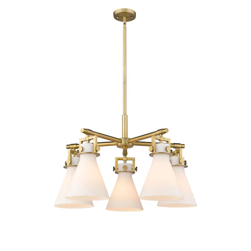 Innovations Lighting Newton Cone - 5 Light 7" Stem Hung Chandelier - Brushed Brass/Matte White