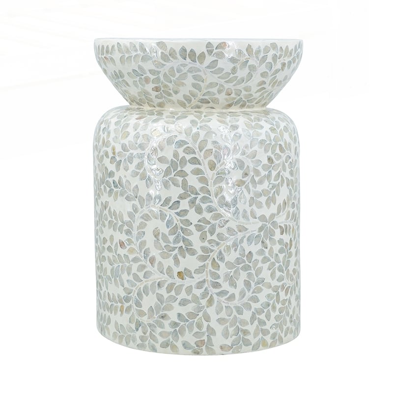 Round Bamboo Accent Table with White Capiz Shell Design