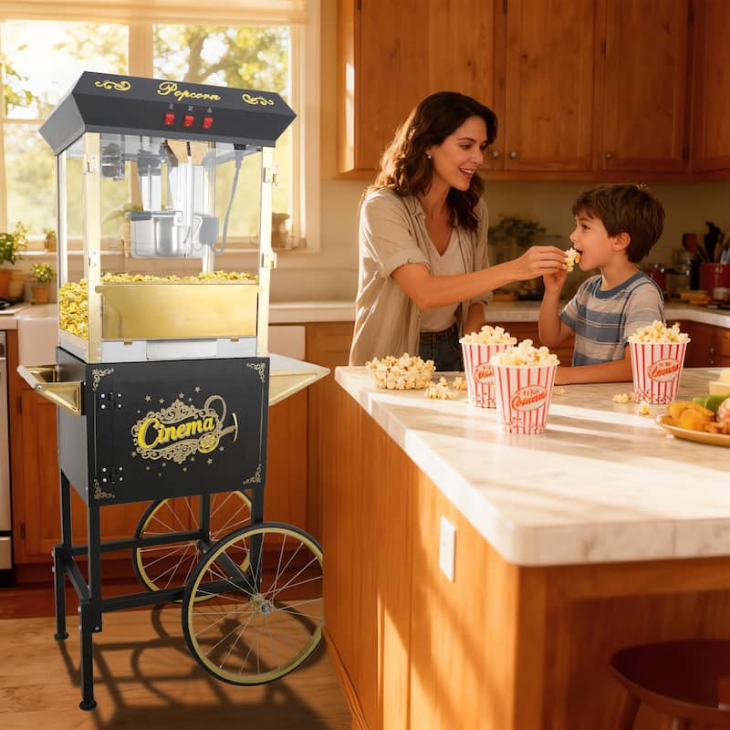 16Oz Commercial Popcorn Machine With Cart and 16 Oz Kettle, Movie Theater Popcorn Machine - Black+Gold