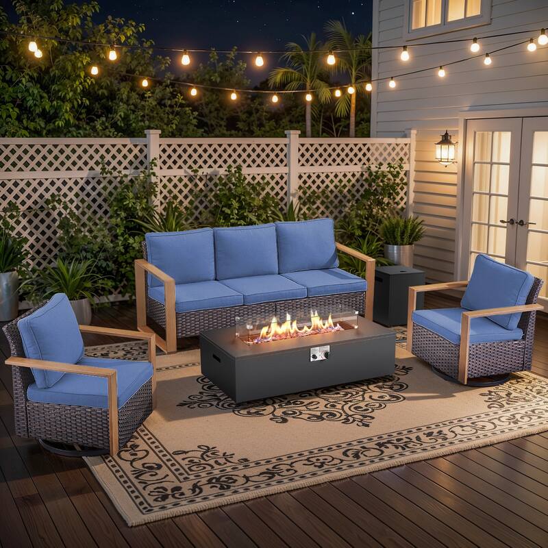 Pocassy Outdoor Sofa Swivel Chair Ottoman w/ 43" Fire Pit Set - Brown Wicker Blue Cushion - 4PCS Fire Table w/ 4-In Cushion Sofa Swivel Chair