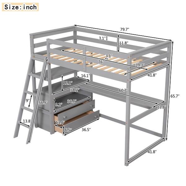 Stylish Loft Gray Twin Bed with Slanted Ladder, Desk Shelves, 2 Drawer