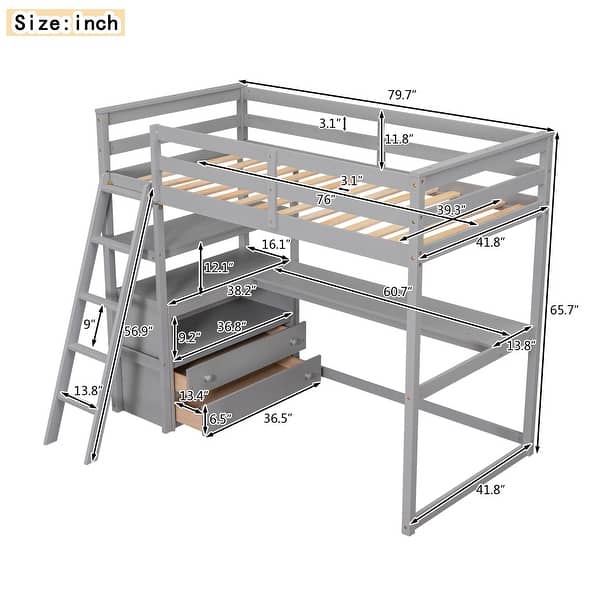 dimension image slide 1 of 2, Twin Size Loft Bed with Desk and Shelves, Two Built-in Drawers, Gray