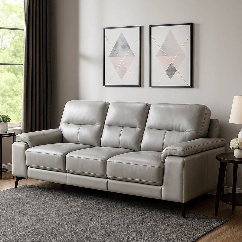 Mica 89 Inch Sofa, Light Gray Top Grain and Faux Leather, Black Metal Legs