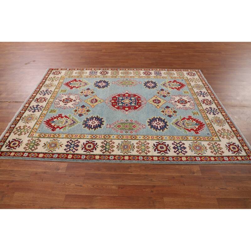 Light Blue Kazak Area Rug Handmade Traditional Wool Carpet - 5'1" x 6'11"