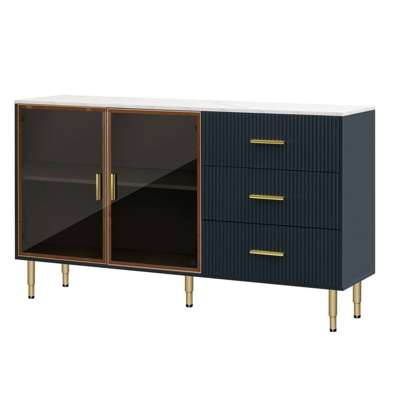 Luxury Storage Cabinet with Marble Finish, Gold Legs & Tempered Glass Doors for Modern Living Spaces