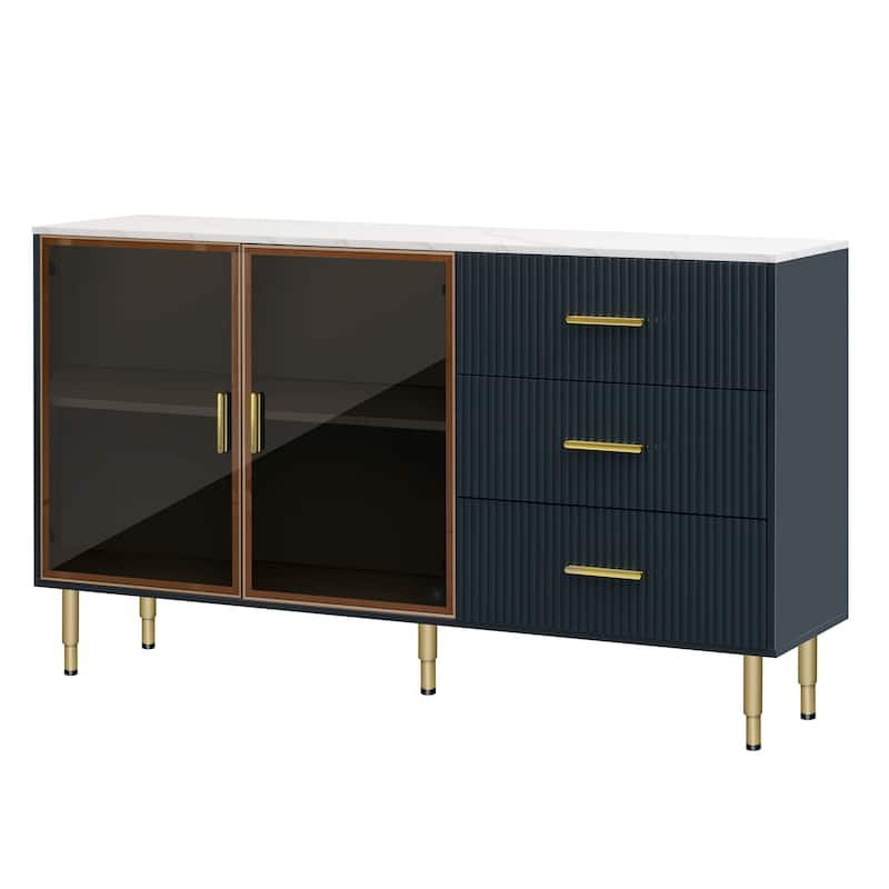 Sideboard MDF Buffet Cabinet Marble Sticker Tabletop and Tempered Glass Doors