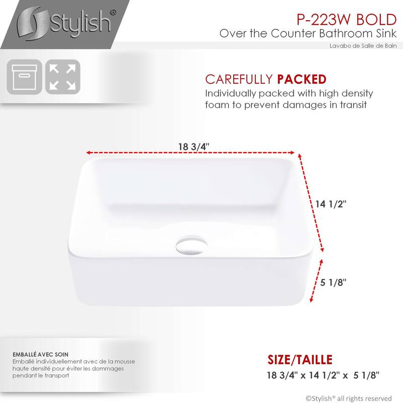 STYLISH Porcelain Rectangular 18 3/4-inches Top Mounted Ceramic Vessel Bathroom Sink - 18.75" x 14.5" x 5.25"