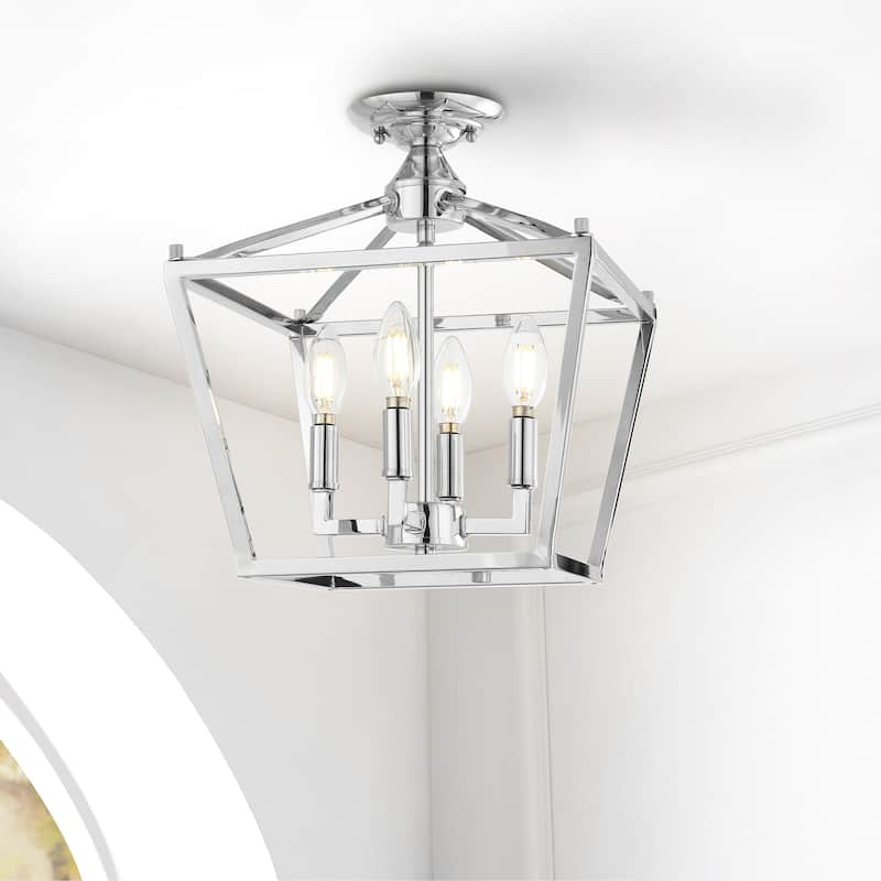 Milton Mini Lantern 4-Light Iron Modern Farmhouse LED Flush Mount, by JONATHAN Y - Chrome