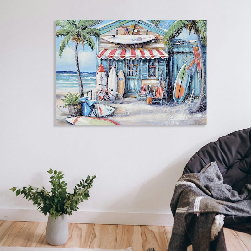 Blue Beach House Surfboard Coconut Tree Ocean Wall Art-Coastal Tropical Landscape Mural Print