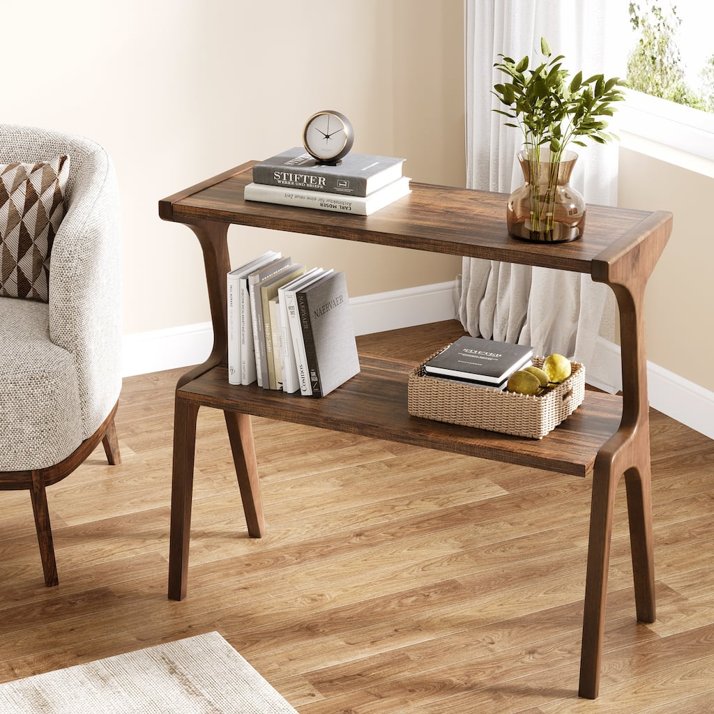 Wood 2-Tier Narrow Side End Chairside Table for Small Space