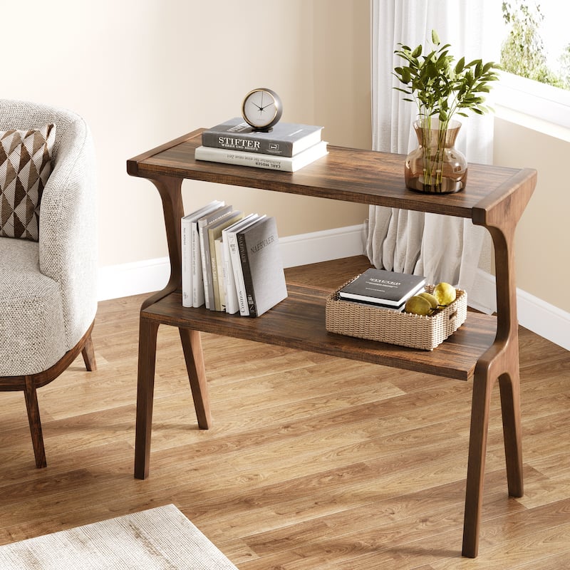 Wood 2-Tier Slim End Side Chairside Table for Living Room