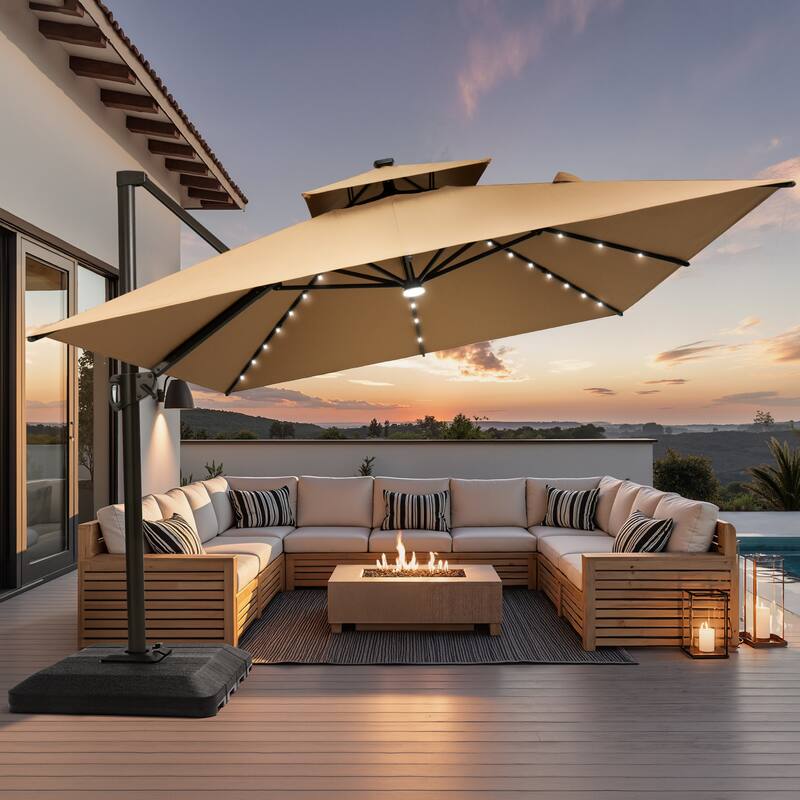 9 X 11 FT Outdoor Patio Cantilever Umbrella with Solar Lights 4-Piece Premium Base Double Canopy 360 Rotation Tilt - Tan