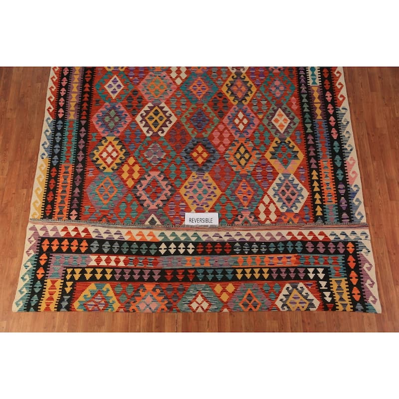 Kilim Oriental Area Rug Flatweave Orange Wool Carpet - 8'4"x 11'8"