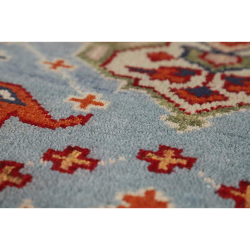 Light Blue Geometric Kazak Indian Runner Rug Hand-Knotted Wool Carpet - 2'7"x 7'10"