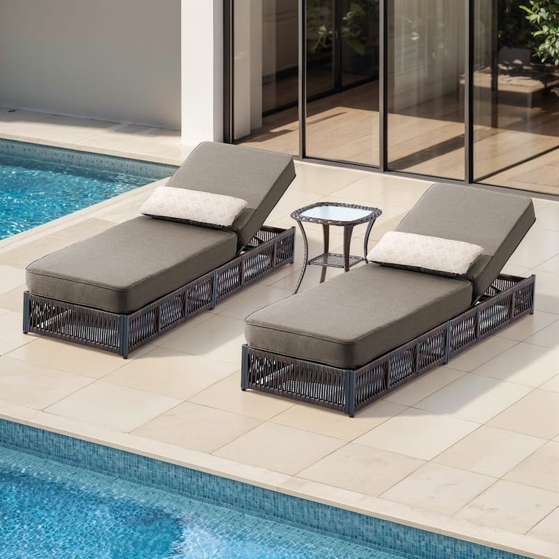 ArcoBay 3-Piece Brown Wicker Outdoor Patio Chaise Lounge with 5-Inch Thick Cushions and Side Table