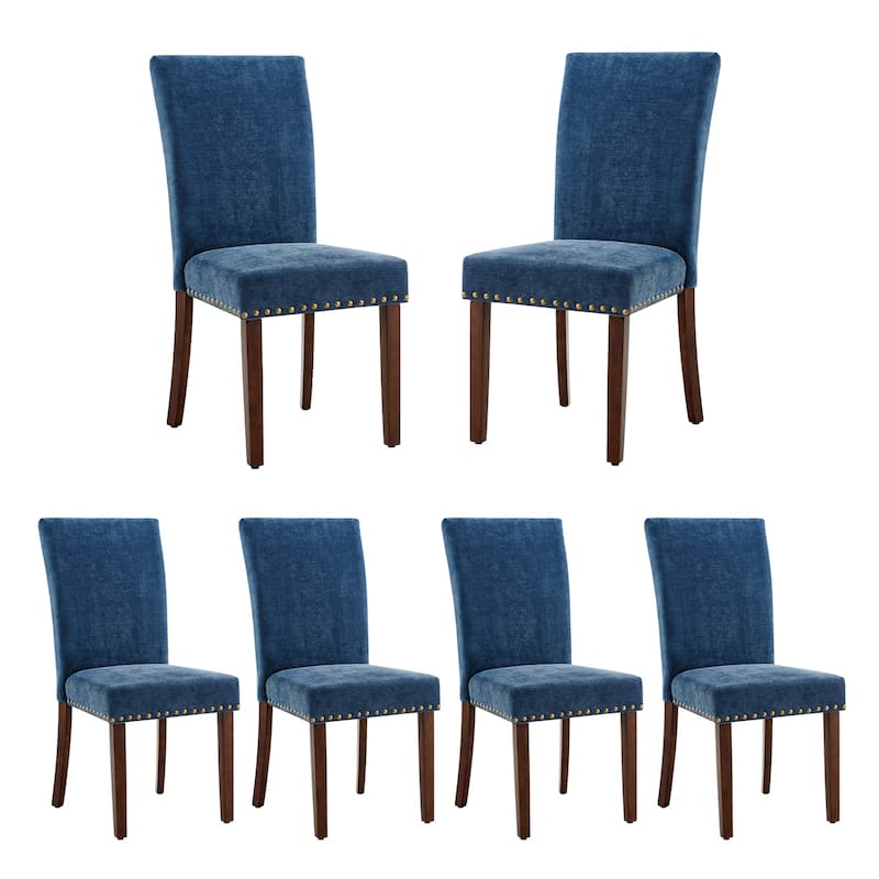 Upholstered Parsons Dining Chairs Set of 2/4/6, Fabric Dining Room Kitchen Side Chair with Nailhead Trim and Wood Legs - Set of 6 - F-DarkBlue