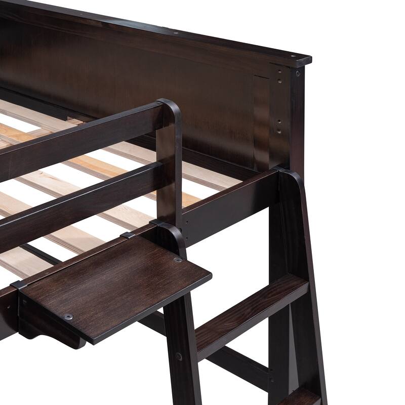 Full Size Loft Bed with Built-in Desk, Shelf & Drawers, Solid Wood Loftbed Frame with Ladder for Kids Teens Adults Bedroom