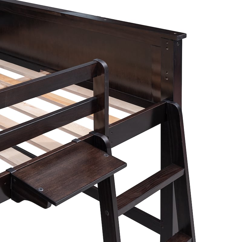Twin Size Loft Bed Kids Bed Frame Wooden Storage Bed with Desk, Shelves, Pull-out Drawers, Ladder and Guardrail