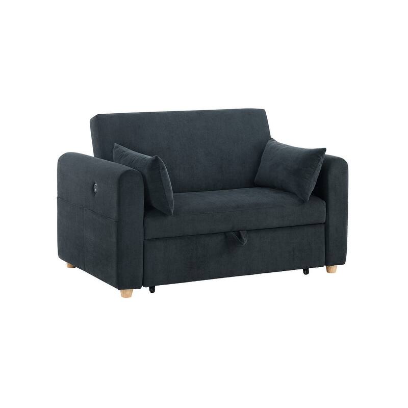 Marielle 55"W Corduroy Convertible Sleeper Loveseat with USB Ports, Magazine Pockets, and Pillows