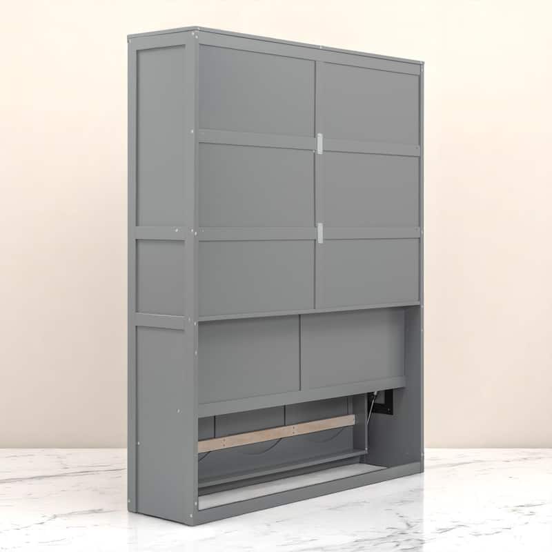 Modern Full/Queen Size Murphy Bed with Dual Shelves, Fold-Up Wall Bed Cabinet with Mattress Support Slats
