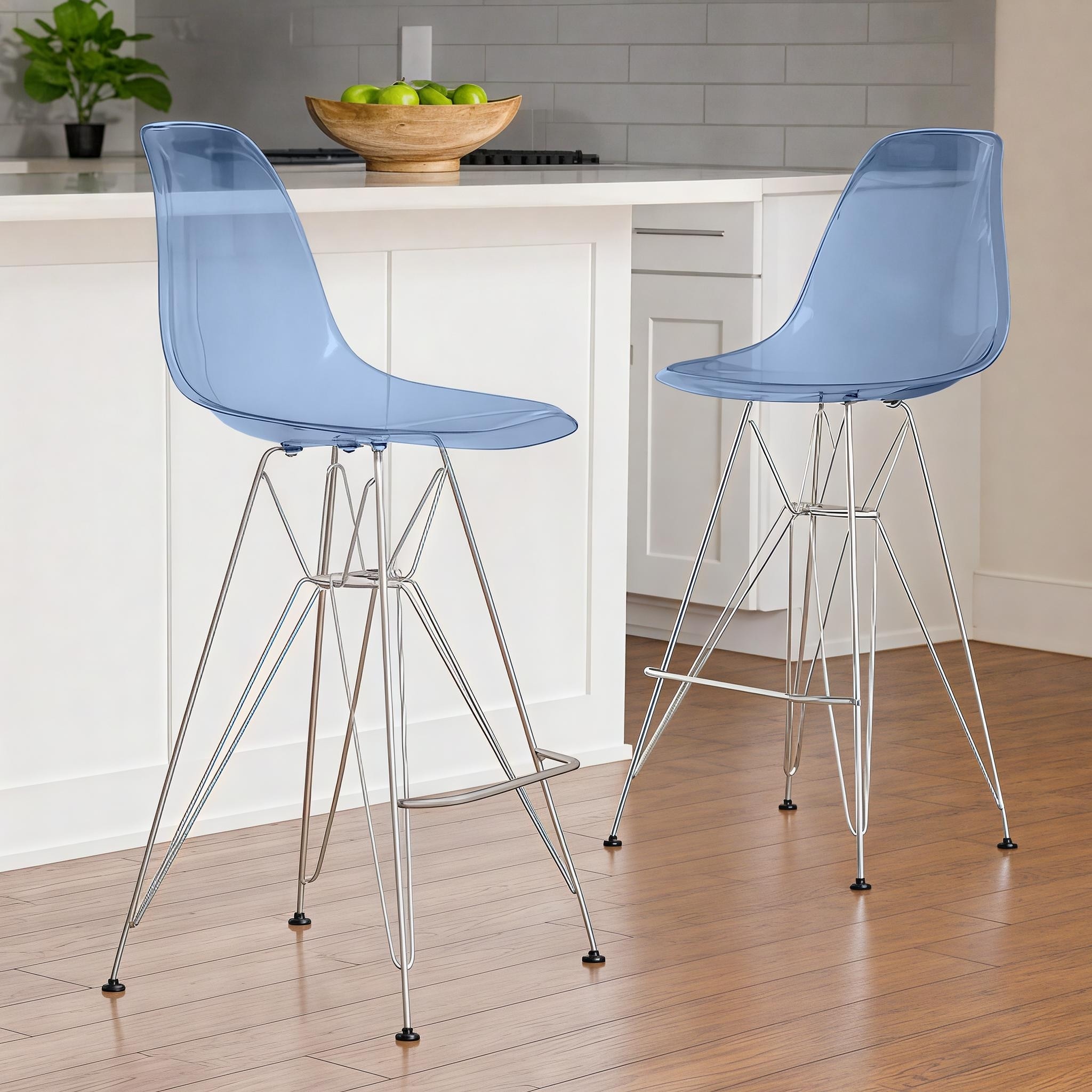 Cresco (Set of 2) Modern Acrylic Barstool - 29.5-Inch Ergonomic Kitchen Island Stool with Chrome Steel Frame & Footrest