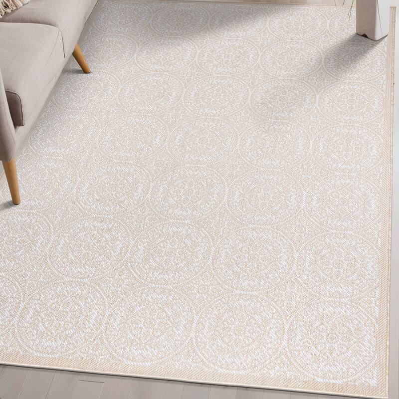 World Rug Gallery Transitional Floral Circles Textured Flat Weave Indoor/Outdoor Area Rug
