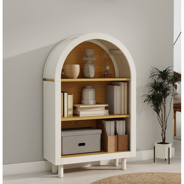 Freestanding Modern Arched Small Bookcase, Storage Cabinet with 3-Tier Storage Shelf