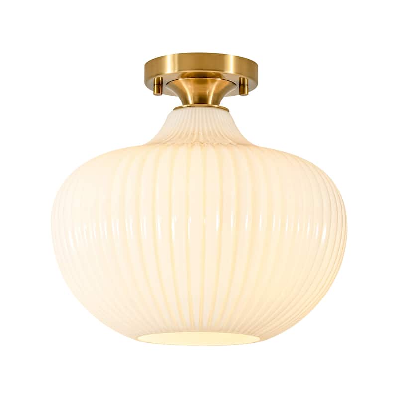 1-Light Modern Elegant Ribbed Glass Flush Mount with Brushed Brass/Matte Black Finish for Bedroom & Foyer