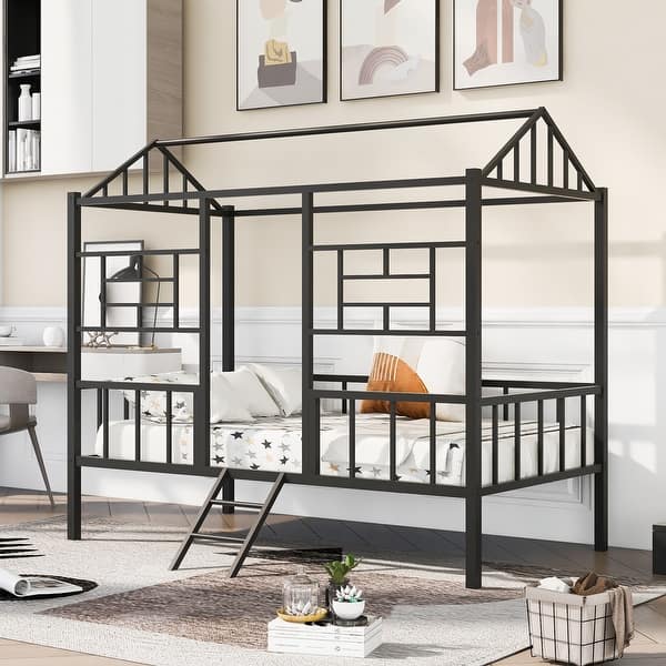 slide 2 of 28, Twin Size Metal House Bed Frame with Slatted Support Twin - Black