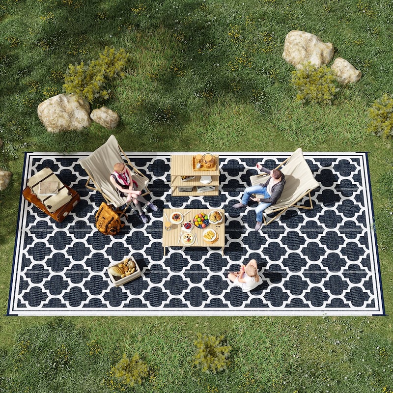 Outsunny Reversible Outdoor RV Rug, Patio Floor Mat, Plastic Straw Rug for Backyard, Deck, Picnic, Beach, Camping - 9' x 18' - Dark Blue&White