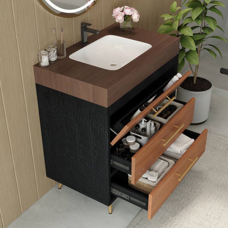 Modern Free-Standing Bathroom Vanity with Ceramic Vessel Sink & Durable Sintered Stone Top