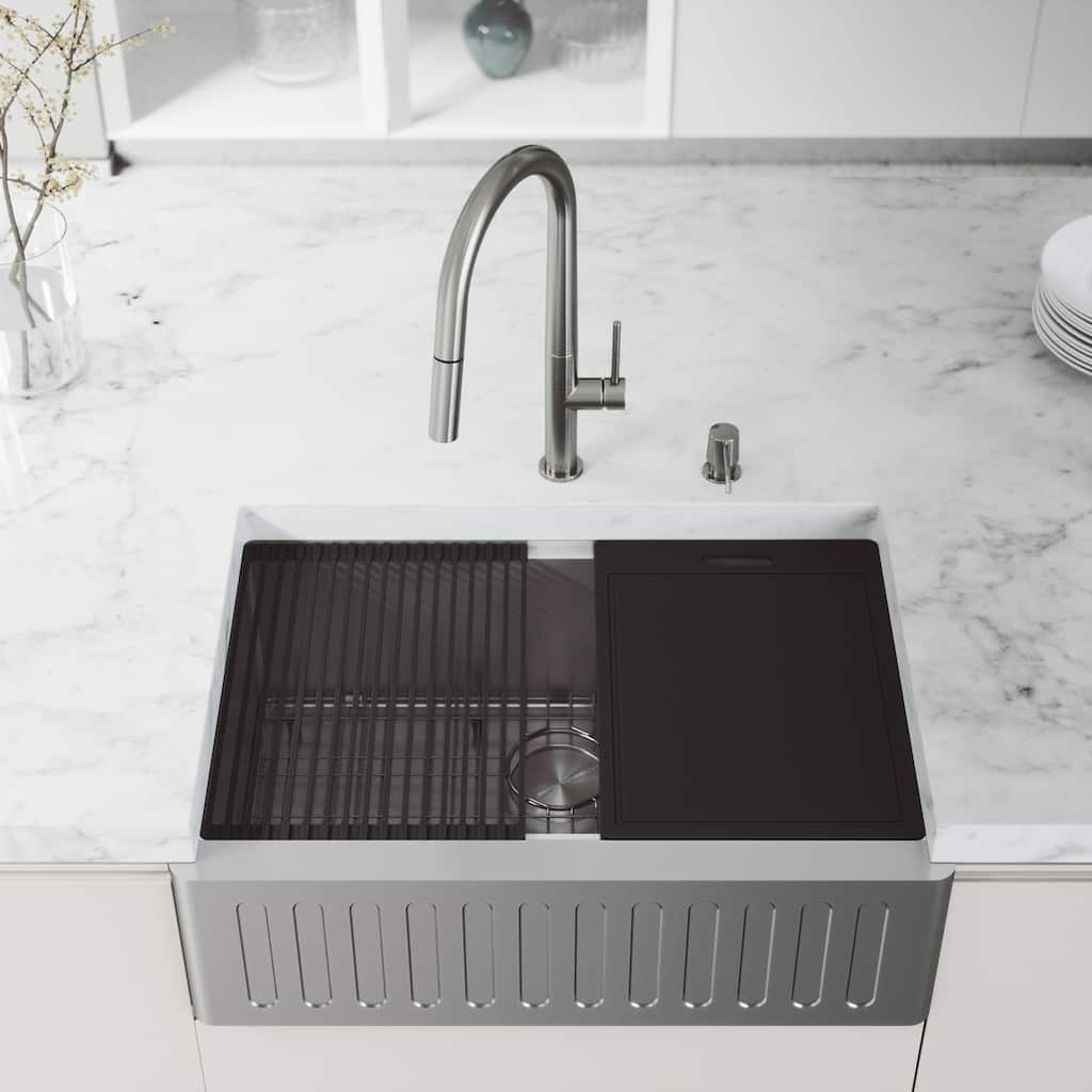 VIGO Oxford Stainless Steel Single Bowl Slotted Apron Farmhouse Kitchen Sink and Accessories