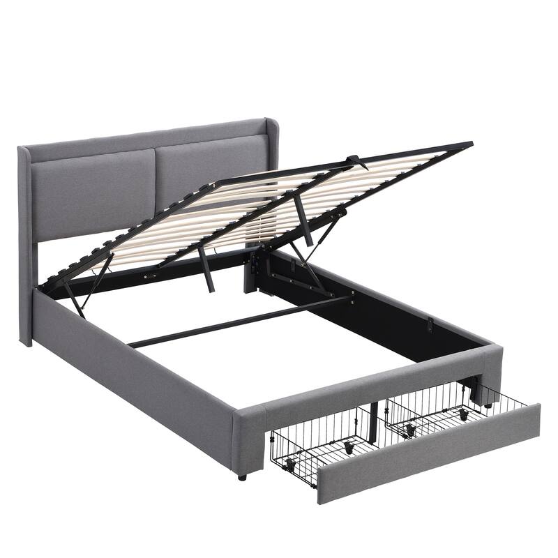 Lift Up Platform Bed with Hydraulic Storage Frame and 2 Drawers, Gray