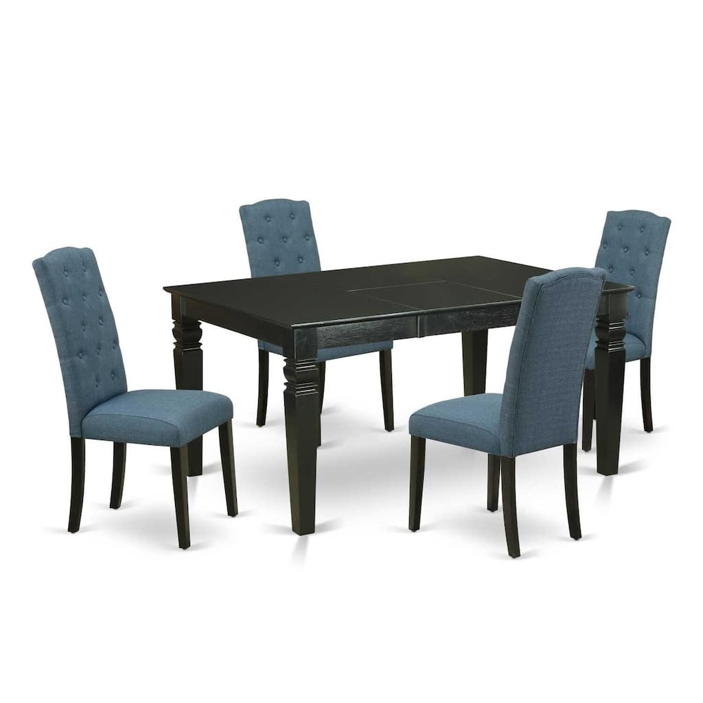 HomeStock 5-Piece Rectangle Black Finish Solid Wood Top Dining Table with 4-Parson Chair with Butterfly Leaf Lattice Back