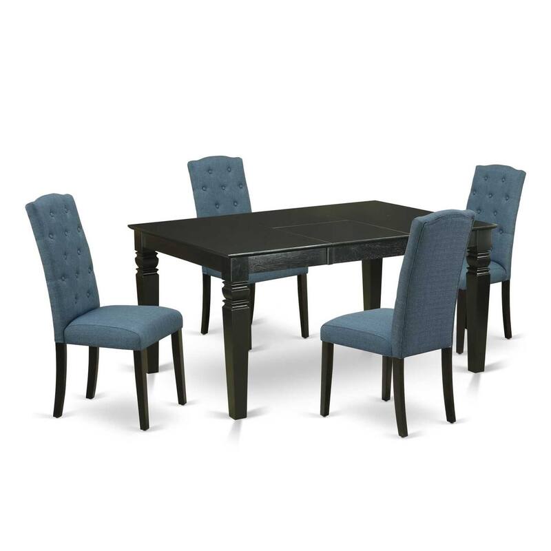 5 Piece Dining Set - Rectangle Table with Leaf & 4 Linen Chairs - Black & Blue - 60