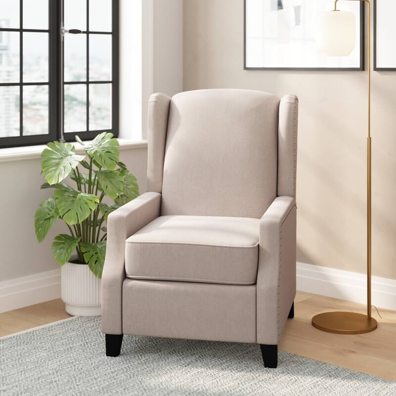 Push Back Wing Back Pocket Spring Recliner with Side Accent Nail Trim - Cream