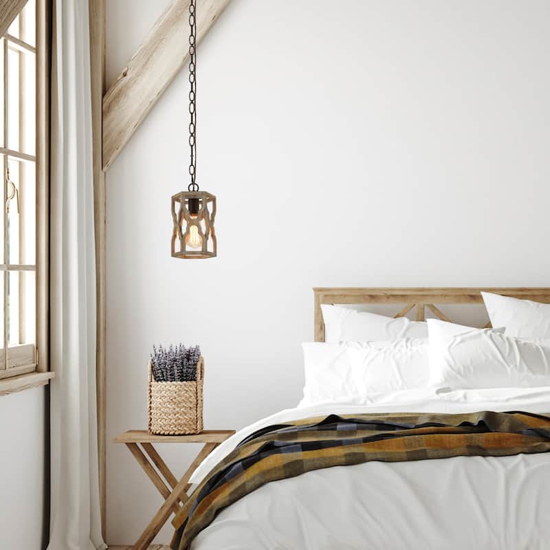 Woodly Modern Farmhouse 1-Light Cylinder Wood Island Pendant Lights for Dining Room - Brown - 6.5" D x 10" H